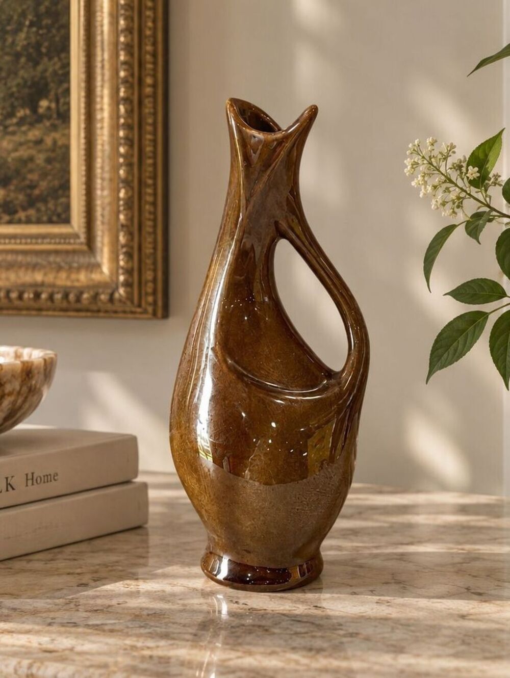 Vintage Mid Century Curved Brown Pottery Ewer Ceramic 8.5" | Rustic